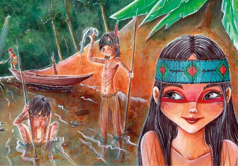 Ilustración: Vari, con cinta en la frente y la cara pintada, mientras otros niños pescan en el río