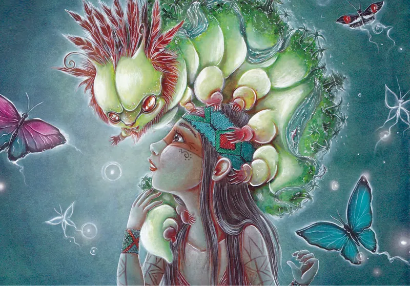 Ilustración: la oruga de colores sobre la cabeza de Vari, rodeada de mariposas