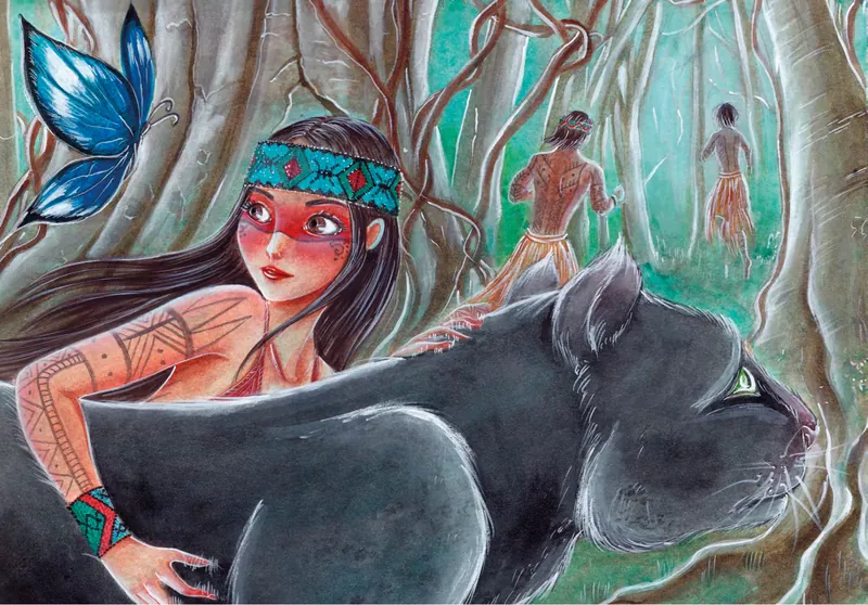 Ilustración: Vari, con la cara pintada, abraza a un jaguar negro en la selva