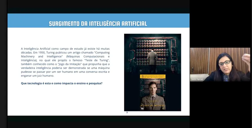 Captura de una clase por Google Meet: diapositiva «Surgimento da inteligência artificial» y la profesora Ivini Ferraz en vídeo