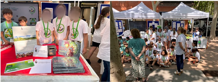 Alumnado de la Escola Sant Cristòfor en su parada solidaria de la Rambla de Begues, con las caras difuminadas