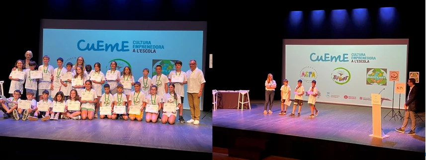 Alumnado de la Escola Sant Cristòfor en el escenario del Teatre Goula de Begues, durante la presentación de los proyectos CuEmE, con las caras de los niños difuminadas