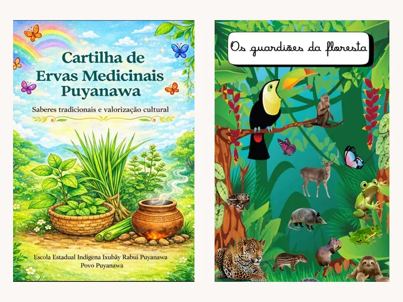 Portadas de la «Cartilha de Ervas Medicinais Puyanawa» y del libro «Os guardiões da floresta»